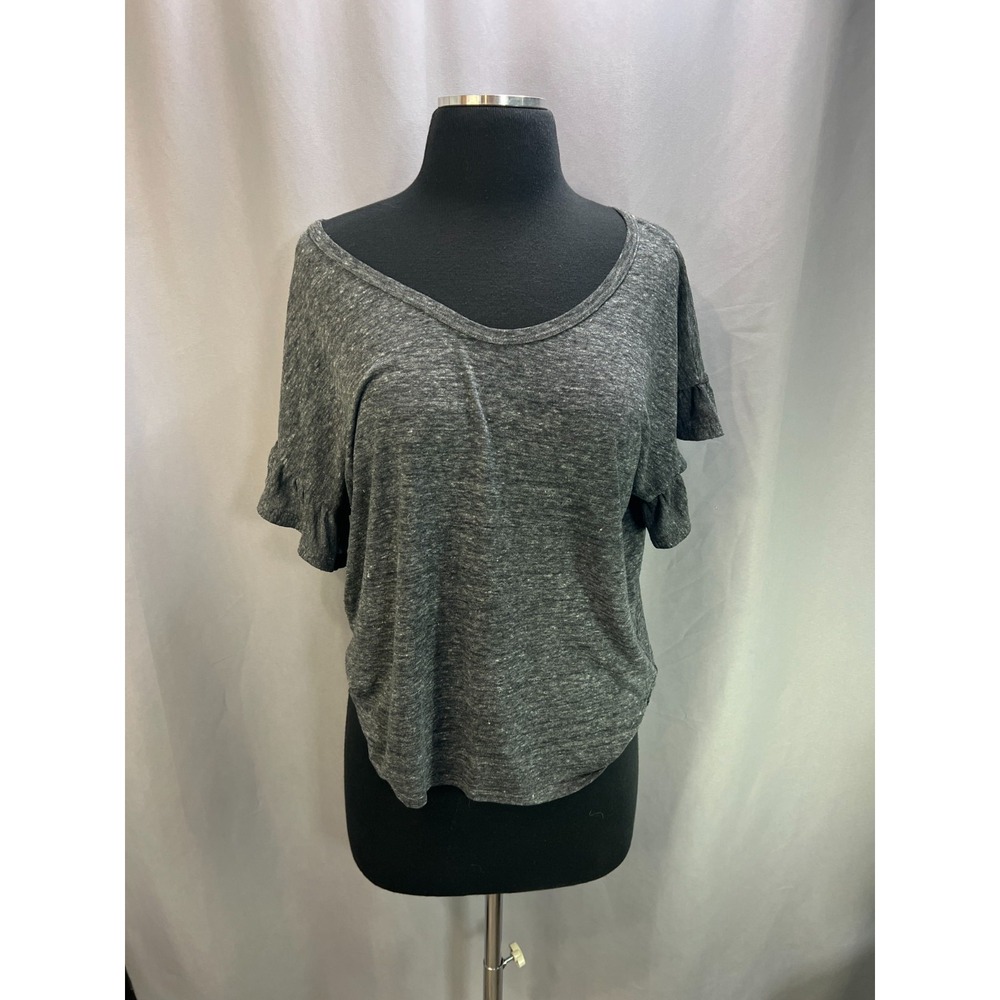 Gap Flutter Sleeve T Shirt Womens Medium Charcoal Gray Linen Rib knit Scoop Neck